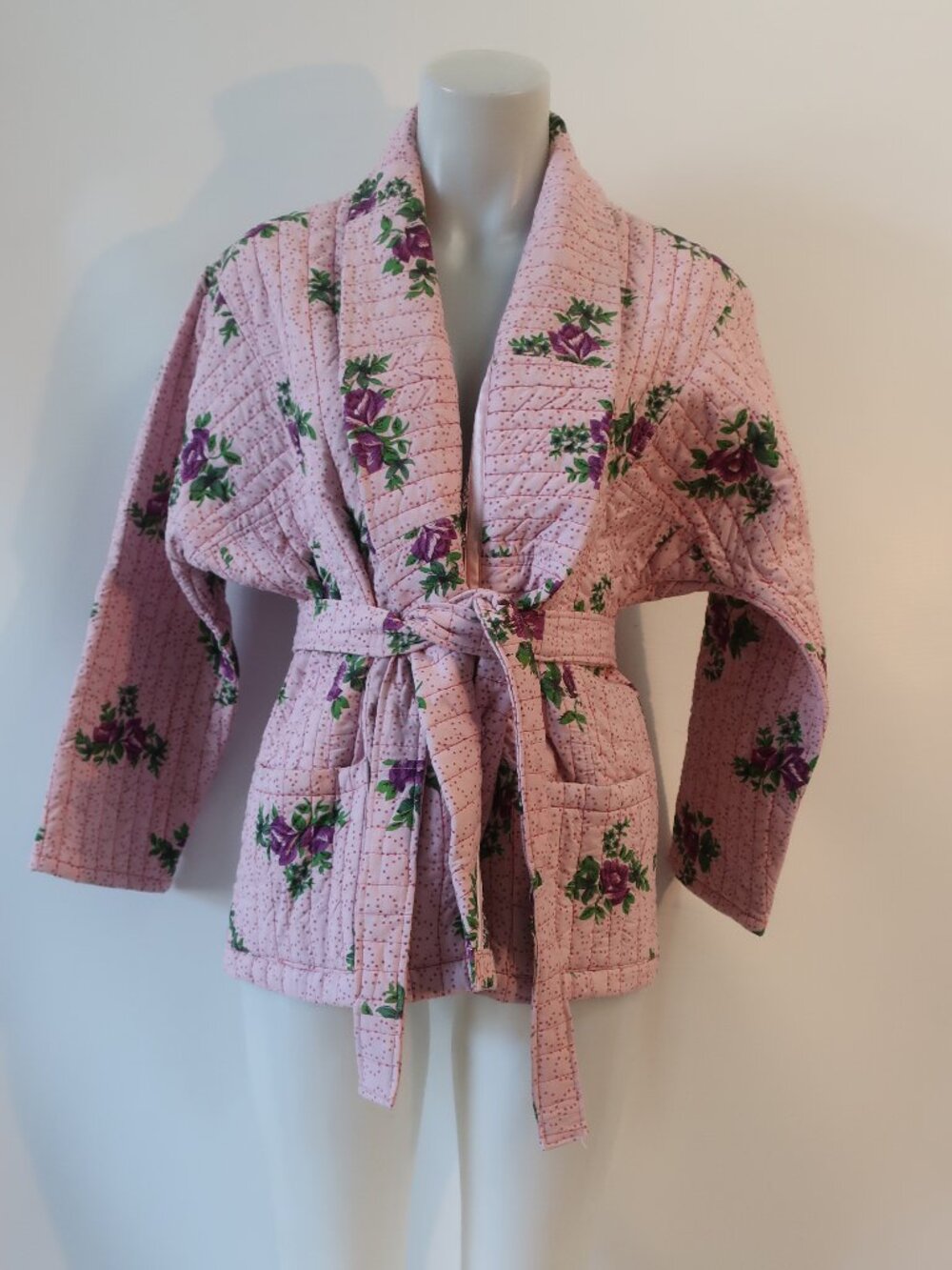 NWT Romi Basha Pink Purple Rose Dot Print (Item-3) Silk Kimono Quilted Jacket OS